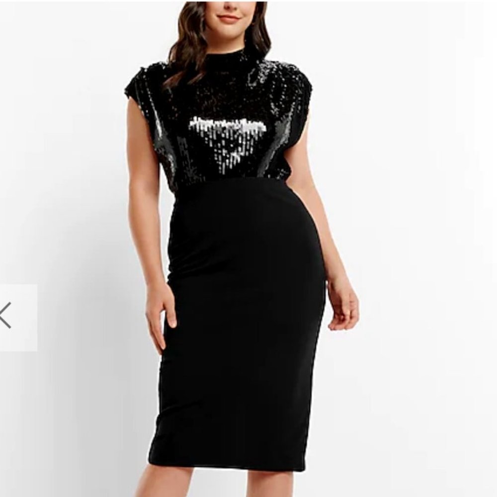 NWT Express Sequin Draped Mock Neck Midi Sheath Dress – Black